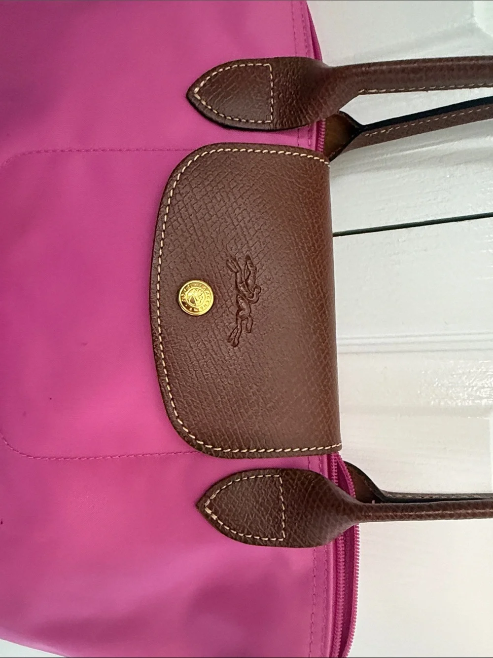 Longchamp Pink Tote with Brown Leather Trim